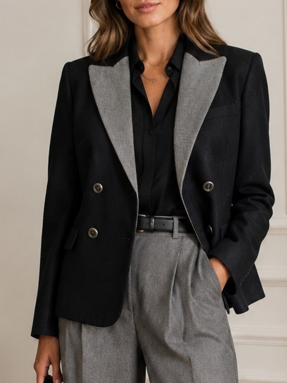 Adolfo Dominguez blazer Black Gray Herringbone Contrast Lapel Double Breasted XL